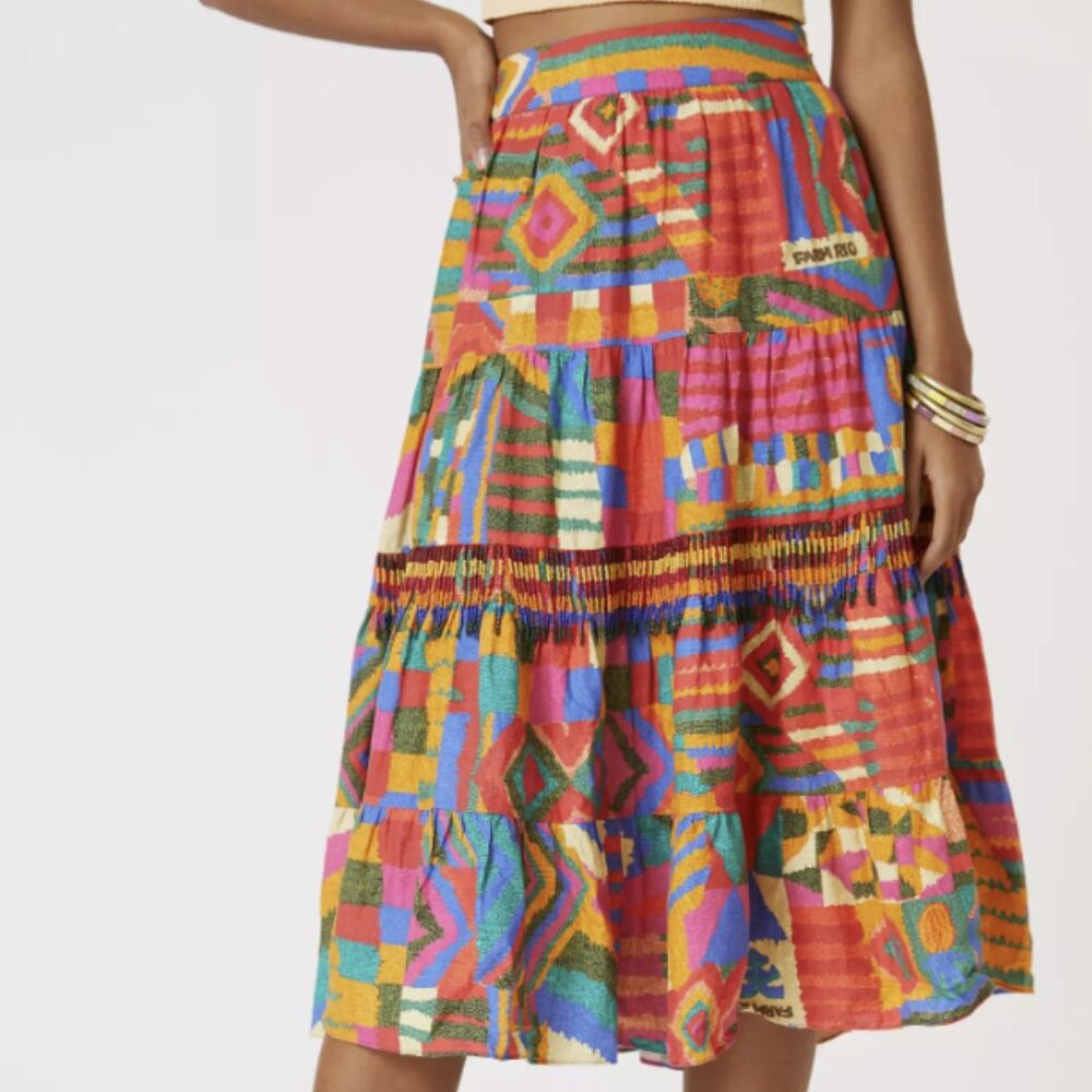 Farm Rio Printed Patchwork Midi Skirt | Size XL